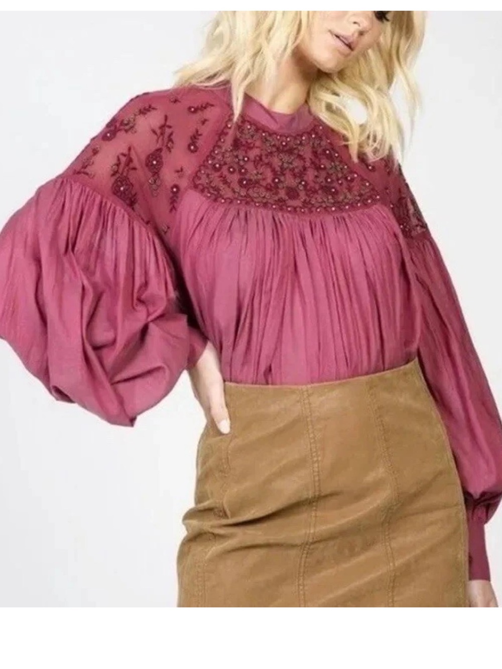 Free People Have It My Way Burgundy Embroidered Top SZ XS Oversized Boho Hippie